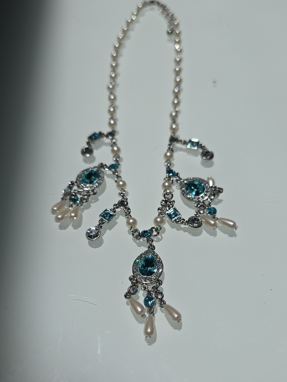 Blue Teardrop Crystal & Pearl Statement Necklace